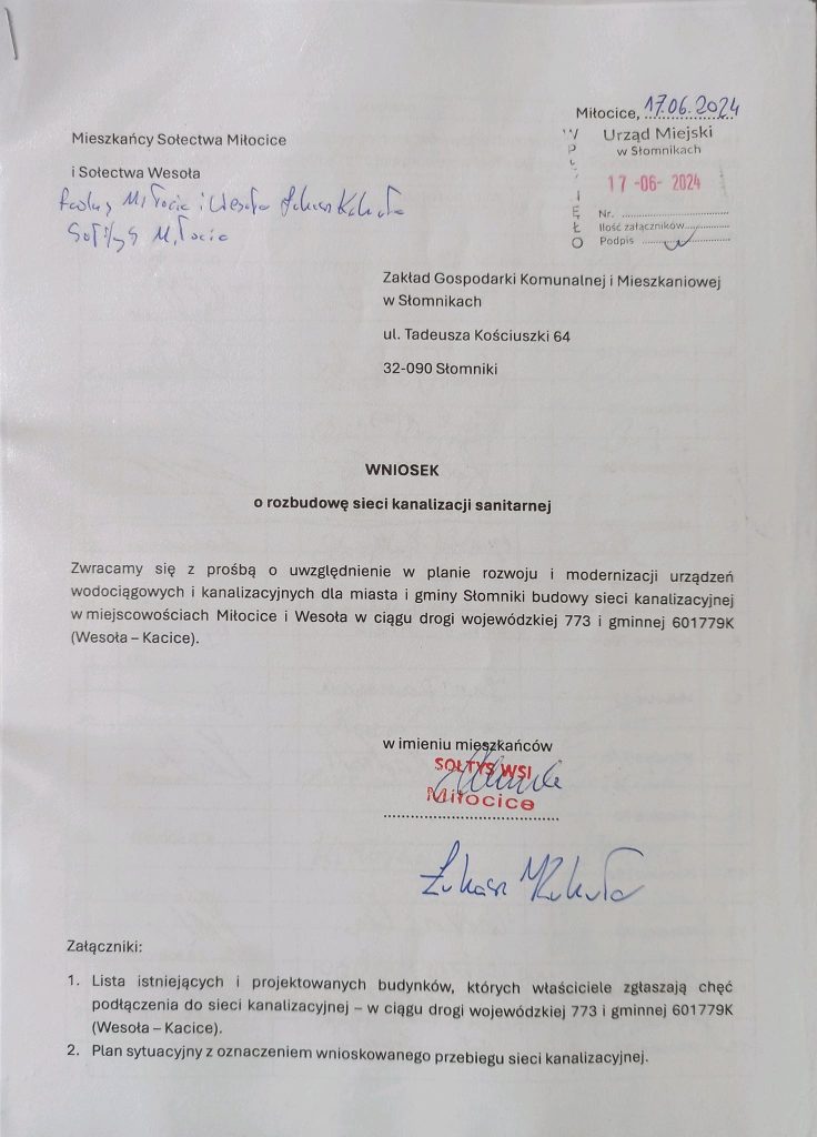 Wniosek o rozbudowę sieci kanalizacji sanitarnej