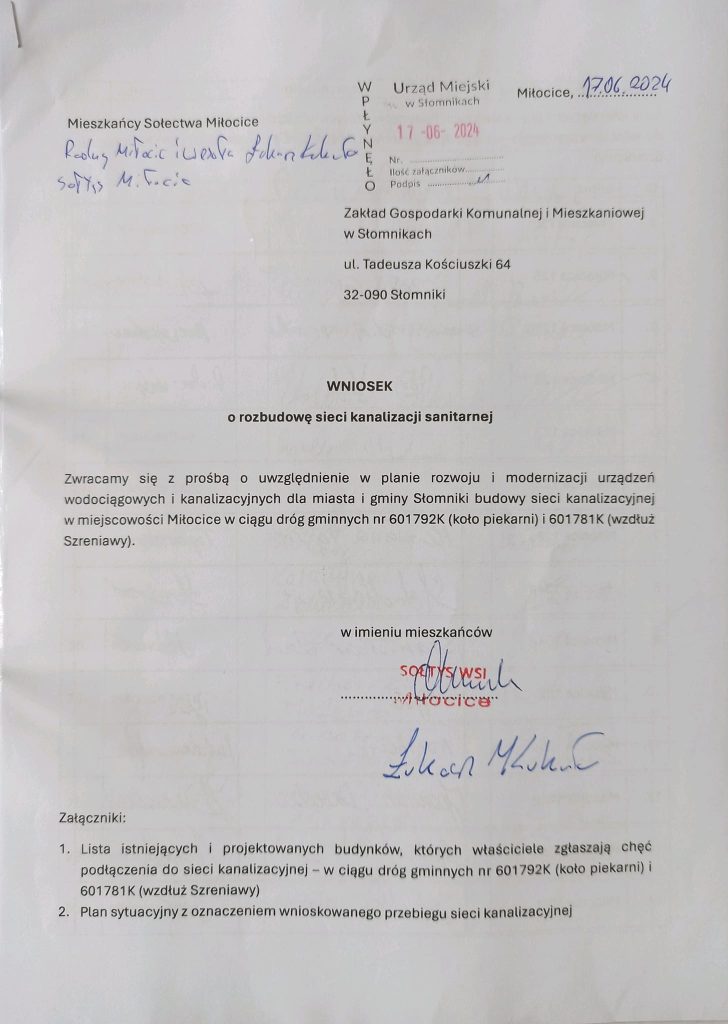 Wniosek o rozbudowę sieci kanalizacji sanitarnej