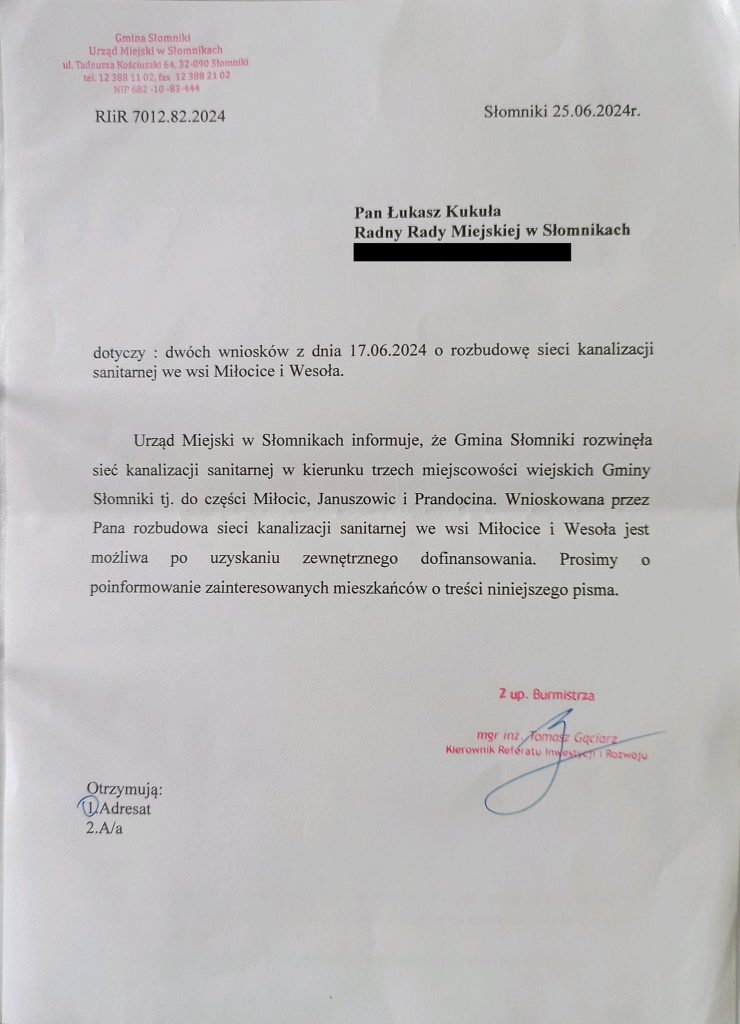 Odpowiedź na wnioski o rozbudowę sieci kanalizacji sanitarnej